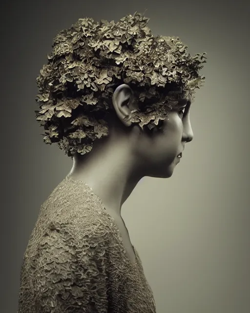 Prompt: a woman's face in profile, long hair made of intricate decorative ivy, in the style of the dutch masters and gregory crewdson, dark and moody