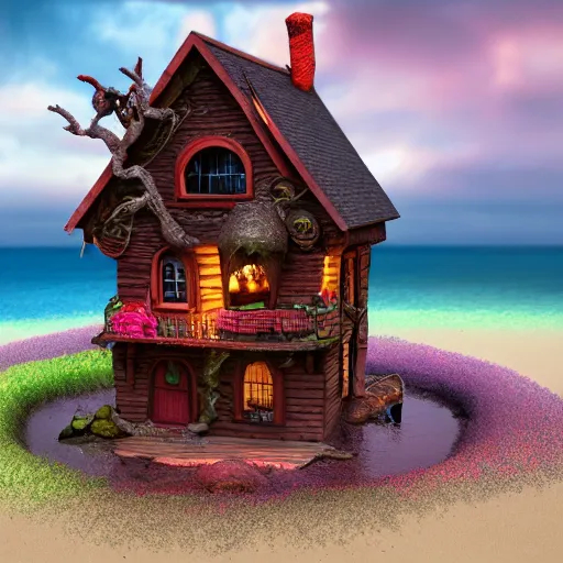 Prompt: a witches house made out of realistic candy on the ocean, epic scene, fantasy, redshift render, cgi, hyper - detailed, photo - bash, 8 k post - production, masterpiece