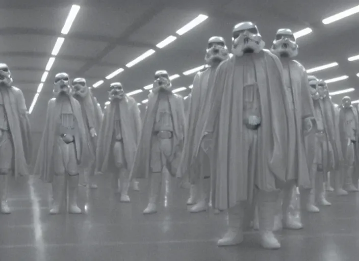 Image similar to screenshot of emporer palpatine's cloning lab room, pensive, iconic scene from 1 9 8 0 star wars film directed by stanley kubrick, last jedi, 4 k hd sharp, cinematic still frame, photoreal, detailed face, moody lighting, stunning cinematography, anamorphic lenses, kodak color film stock