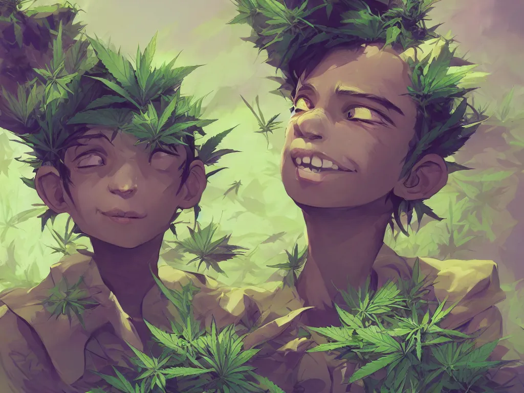 Image similar to kid with green purple flowers of marijuana hemp cannabis, behance hd by jesper ejsing, by rhads, makoto shinkai and lois van baarle, ilya kuvshinov, rossdraws global illumination, golden ratio, symmetrical beauty face