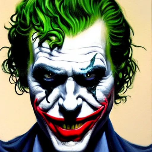 Image similar to an ultra - realistic portrait painting of the joker in the style of frank frazetta. 4 k. ultra - realistic. highly detailed. dark fantasy. epic lighting.