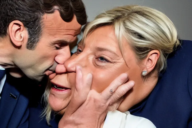 Prompt: Emmanuel Macron kissing Marine Lepen on the mouth , photojournalism photography, white background