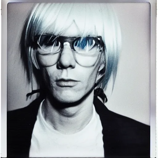 Prompt: Polaroid Portrait of Andy Warhol doing anime cosplay, taken in the 1970s, photo taken on a 1970s polaroid camera, grainy, real life, hyperrealistic, ultra realistic, realistic, highly detailed, epic, HD quality, 8k resolution, body and headshot, film still, front facing, front view, headshot and bodyshot, detailed face, very detailed face