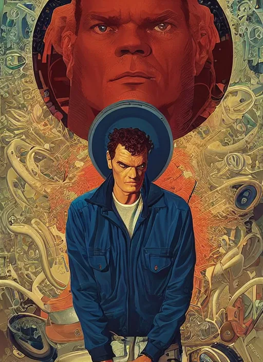 Prompt: poster artwork by Michael Whelan and Tomer Hanuka, Karol Bak of portrait of Michael Shannon!!!!!! the local mechanic clerk at the auto store, from Twin Peaks, clean, simple illustration, nostalgic, domestic, full of details