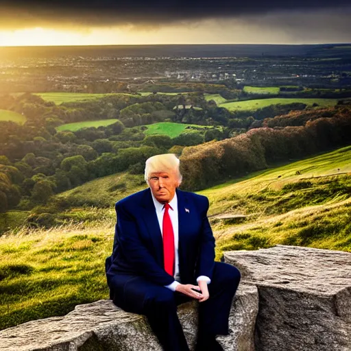 Prompt: donald trump sitting on almscliff crag in leeds england 8k highly detailed photograph, award winning, beautiful lighting, daytime view