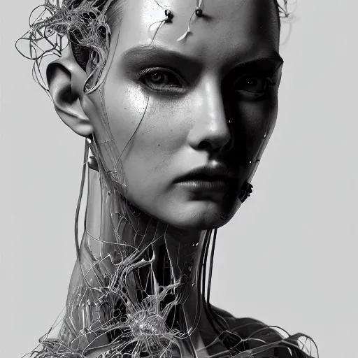 Image similar to the portrait of an absurdly beautiful, graceful, sophisticated, fashionable cyberpunk gravure idol, an ultrafine hyperdetailed illustration by kim jung gi, irakli nadar, matt wisniewski, intricate linework, iridescent wiring, porcelain skin, unreal engine 5 highly rendered, global illumination, radiant light, detailed and intricate environment