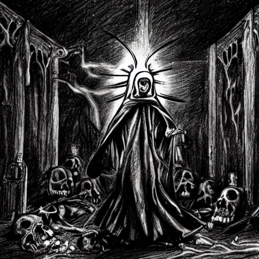 Prompt: A drawing of a nun engulfing a horde of evil skeletons in holy light in a ruined chapel. Dark Fantasy. DeviantArt.