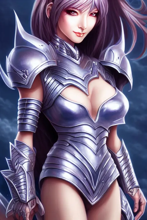 Image similar to sakimi chan, detailed face, standing, silver fantasy armor, tony sart