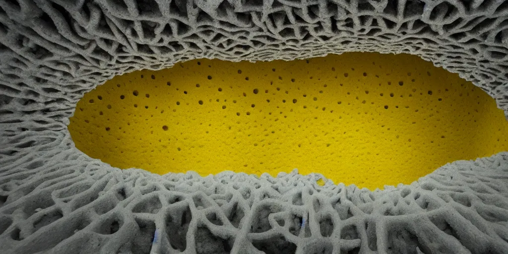 Prompt: nostalgic hyper liminal photo, yellow sponge with many pathways inside each hole, tunnels lead to different memories, surreal, ominous creature hiding detailed, high definition, mysterious, low quality photo, surrealist depiction of a normal sponge, trending, m. c. esher