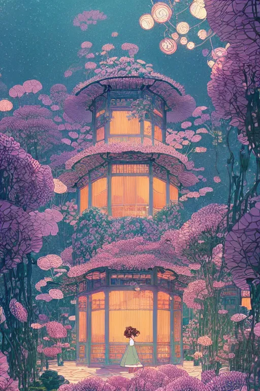 Image similar to a beautiful hyperdetailed matte illustration victo ngai style of absolutely beautiful blooming flower house, from china, perfectly shaded, atmospheric lighting, style of studio ghibli, makoto shinkai, raphael lacoste, louis comfort tiffany, artgerm, james jean, ross tran, chinese style