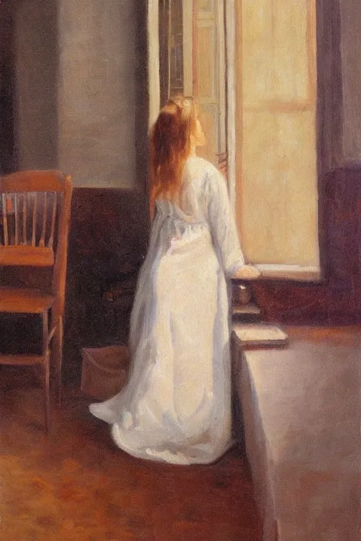 Image similar to oil painting, long view, hight detailed, woman sits in corner of empty room and look in the corner, back view, in style of neodada