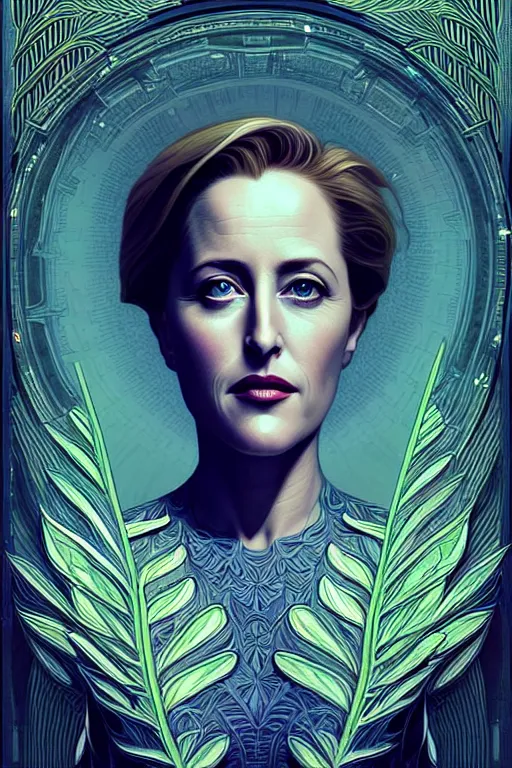 Prompt: young gillian anderson portrait, art deco, fantasy, intricate art deco leaf designs, elegant, highly detailed fractals, sharp focus, art by artgerm and beeple and greg rutkowski and wlop