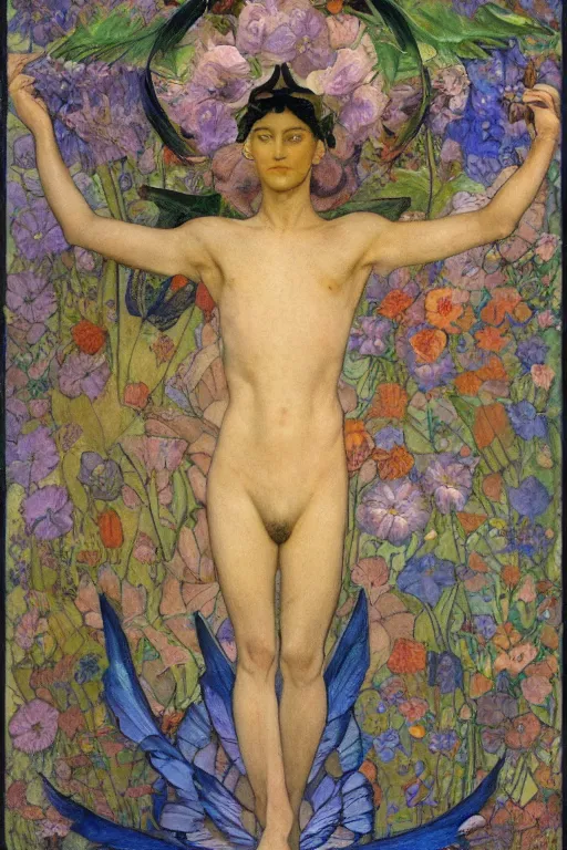 Image similar to the flower prince, by Annie Swynnerton and Nicholas Roerich and Diego Rivera, bioluminescent skin, floral tattoos, wings made out of flowers, elaborate costume, geometric ornament, symbolist, smooth, sharp focus, extremely detailed