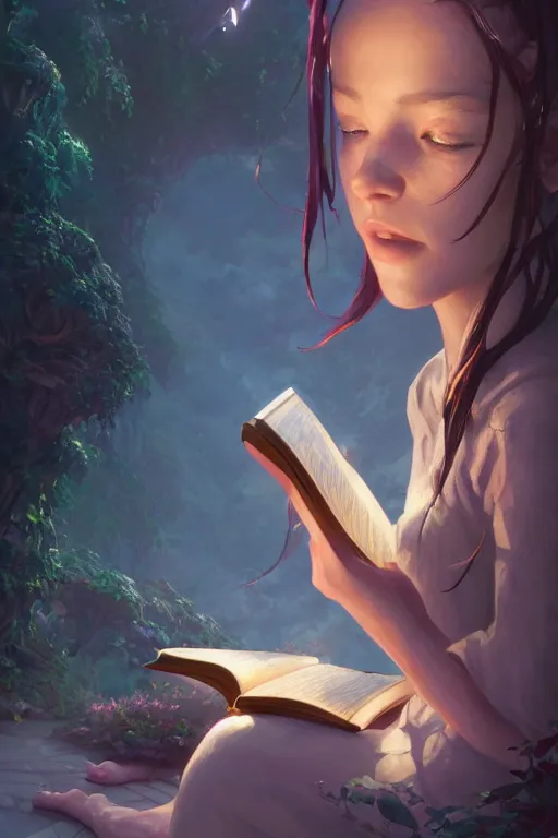 Image similar to highly detailed portrait of beautiful girl reading a book in avatar, dynamic pose, stephen bliss, unreal engine, fantasy art by greg rutkowski, loish, rhads, ferdinand knab, makoto shinkai and lois van baarle, ilya kuvshinov, rossdraws, tom bagshaw, global illumination, radiant light, detailed and intricate environment