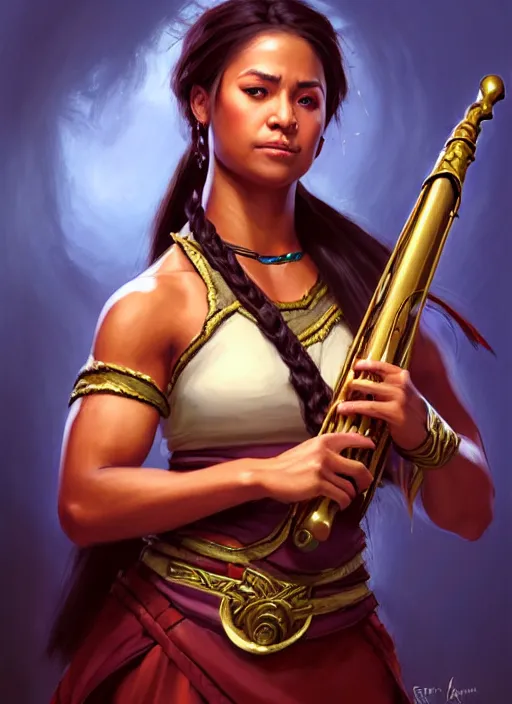 Image similar to a _ fantasy _ style _ portrait _ painting _ of samoan female charismatic bard playing instrument, rpg dnd oil _ painting _ unreal _ 5 _ daz. _ rpg _ portrait _ extremely _ detailed _ artgerm _ greg _ rutkowski _ greg