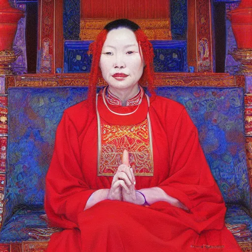 Prompt: portrait of an east asian priestess, dressed in red, by donato giancola.