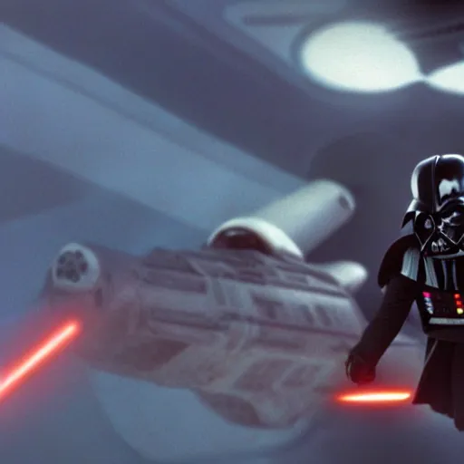 Image similar to darth vader piloting a pod racer, coruscant, movie still