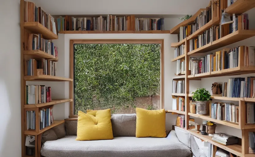 Image similar to interior desing magazine photo of a big window with a wooden frame to sit on, some sandy yellow pillows, there are books and plants on a integrated shelf, great architecture, ambient light, 8k