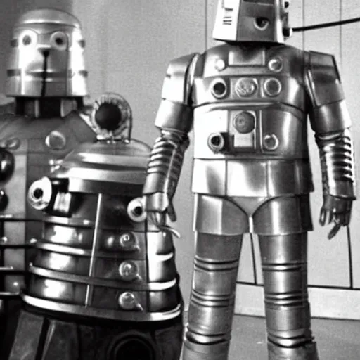 Prompt: Dr Who cyberman, standing next to a dalek in a still from the Dr Who TV show