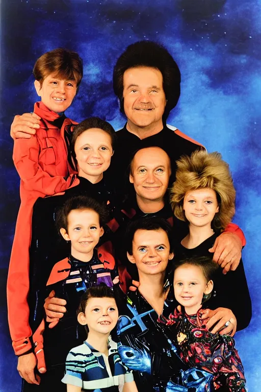 Prompt: alien family photo, 1 9 8 0 s, olan mills studio, color