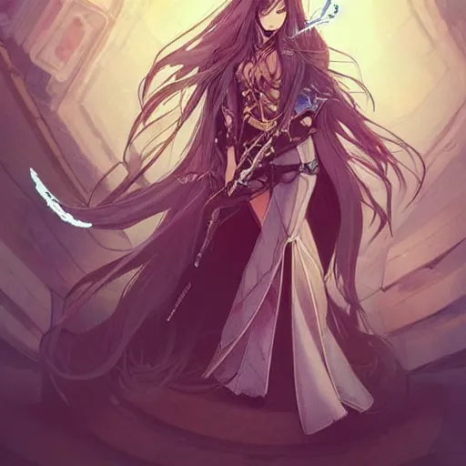 Image similar to “A detailed stunning and beautiful anime woman with brown-flowing hair, long blue-cape, decorative leather armor, surrounded by a catacomb of books, trending on artstation, by rossdraws”