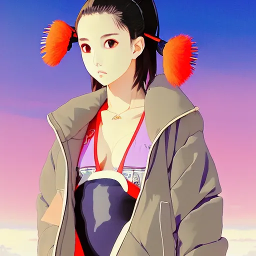 Image similar to a beautiful japanese natalie portman gravure model, wearing oversized native designer bomber jacket and leotard with overalls, bulky poofy bomber jacket with mesoamerican patterns, mesoamerican native street fashion, gapmoe yandere grimdark, trending on pixiv fanbox, painted by greg rutkowski makoto shinkai takashi takeuchi studio ghibli, akihiko yoshida