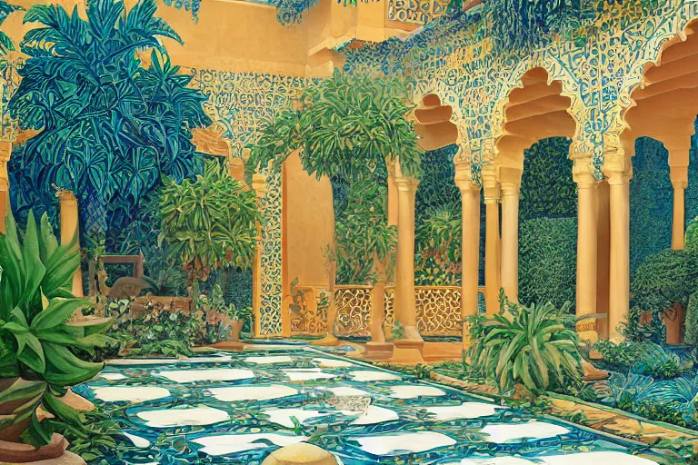 Prompt: painting of a beautiful moorish palace courtyard garden, by alayna danner and maxfield parrish and rob gonsalves, patterned tilework, palm trees, tiled fountains, extremely detailed, cinematic lighting, smooth sharp focus