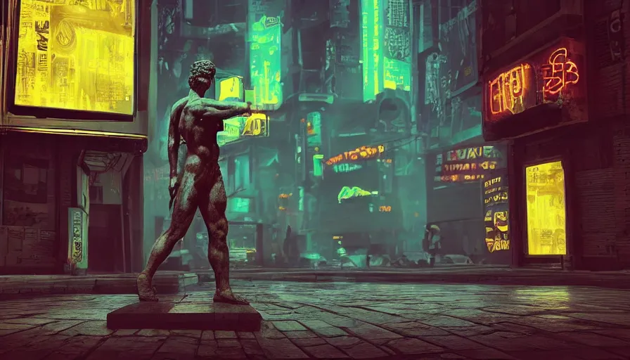 Image similar to a small weathered ancient greek sculpture standing in a square, surrounded by cyberpunk city, neon sign, bladerunner, digital illustration, artstation, cinematic composition