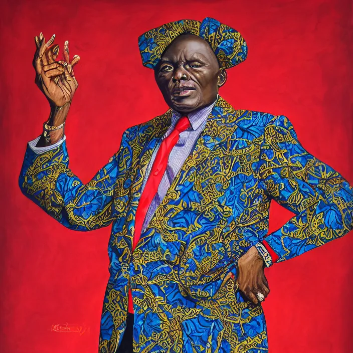 Image similar to a painting of a XXL wise elder from Kenya in a suit by Kehinde Wiley . dramatic angle, ethereal lights, details, smooth, sharp focus, illustration, realistic, cinematic, artstation, award winning, rgb , unreal engine, octane render, cinematic light, macro, depth of field, blur, red light and clouds from the back, highly detailed epic cinematic concept art CG render made in Maya, Blender and Photoshop, octane render, excellent composition, dynamic dramatic cinematic lighting, aesthetic, very inspirational, arthouse.