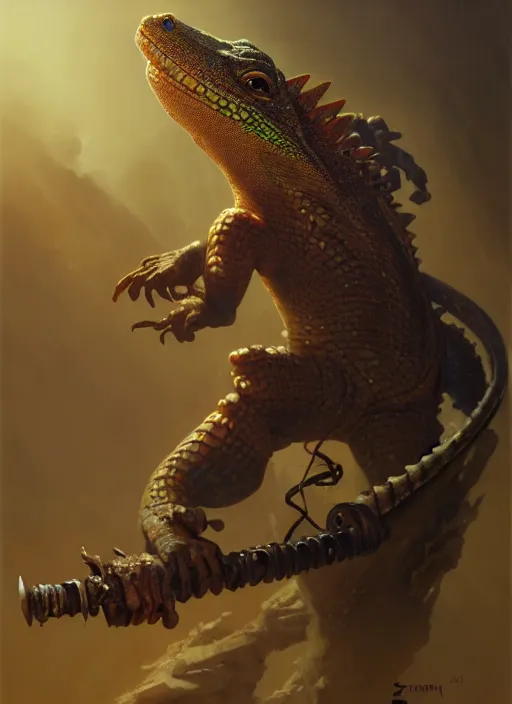 Image similar to lizard samurai, subsurface scattering, by jesper ejsing, justin gerard, tomasz alen kopera, cgsociety and fenghua zhong, highly detailed, cinematic lighting, illustration, art, octane render, very coherent, cinematic, hyper realism, high detail, octane render, 8 k