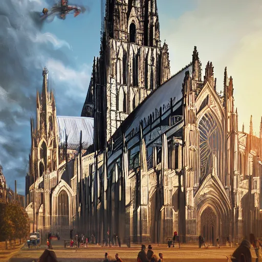 Image similar to a hyper real comic book style portait painting of the cathedral of cologne germany in the distant future with robots around, unreal 5, hyperrealistic, octane render, cosplay, rpg portrait, dynamic lighting