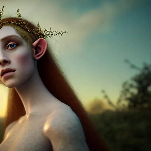 Image similar to photographic portrait of a stunningly beautiful english elven queen renaissance female in soft dreamy light at sunset, beside the river, soft focus, contemporary fashion shoot, in a denis villeneuve and tim burton movie, by edward robert hughes, annie leibovitz and steve mccurry, david lazar, jimmy nelsson, extremely detailed, breathtaking, hyperrealistic, perfect face, octane render