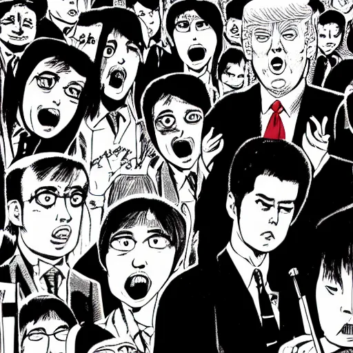 Prompt: trump, junji ito, black and white comic, terrorist