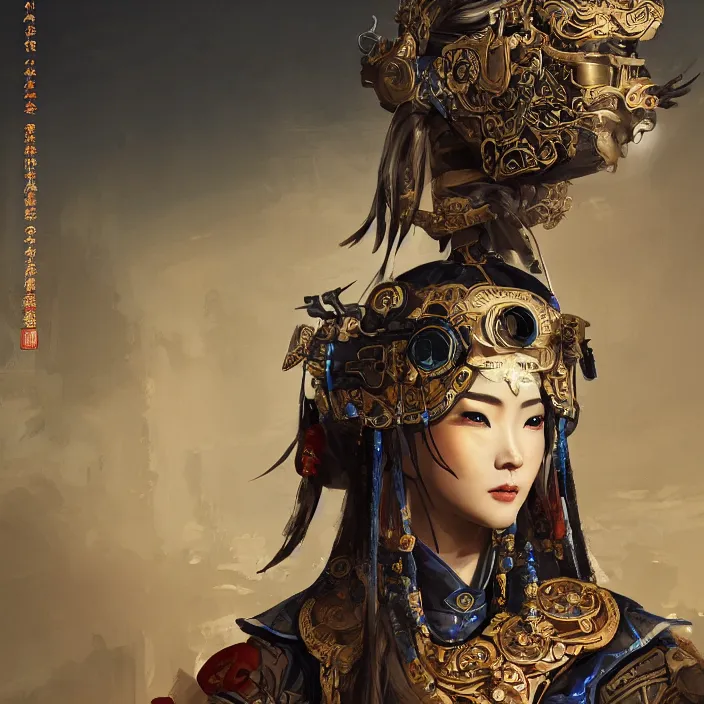 Prompt: ancient chinese princess with steampunk mask, dynasty warriors, elegant, unreal engine, 8 k, blue color scheme, headshot, highly detailed, smooth, ink painting, artstation, concept art, in style of yoji shinkawa, pan ren wei, col price, atey ghailan, by greg rutkowski, aesthetic