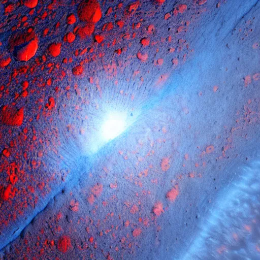 Image similar to a picture of an alien planet, taken from orbit, dark blue planet, red lava rivers, center of the frame