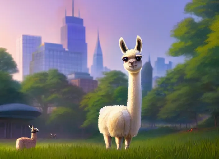 Image similar to a wholesome animation key shot of a llama, new york zoo in the background, studio ghibli, pixar and disney animation, sharp, rendered in unreal engine 5, anime key art by greg rutkowski, bloom, dramatic lighting