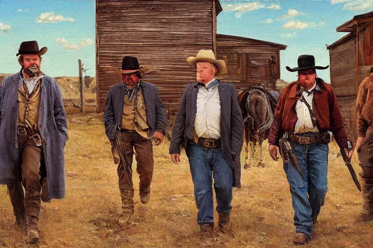 Prompt: fredrick remington oil painting of phillip seymour hoffman and two bandits in a busy old west town