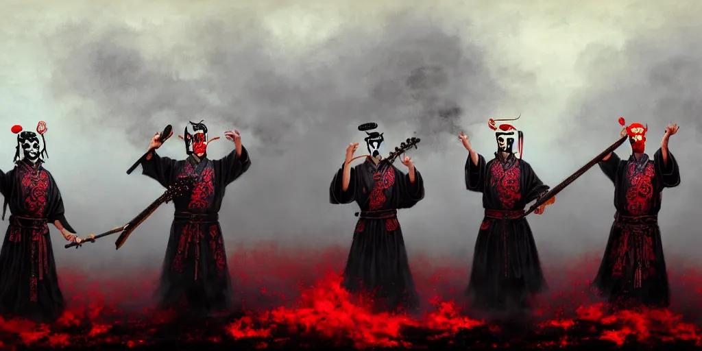 Prompt: 3 ancient chinese generals with chinese peking opera masks singing with guitars, the background is misty forest, full of red and black swirling smoke, harry potter, death eaters, dementors, craig mullins, albert bierstadt, greg rutkowski, tarkovski, realistic, highly detailed, artstation, early morning, atmospheric, aestetic, moody