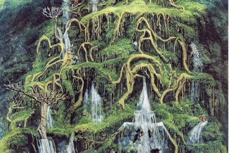 Image similar to an elven waterfall building by j. r. r. tolkien