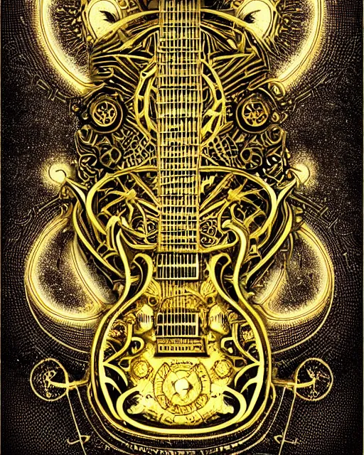 Image similar to demonic fractalpunk guitar concept illustration, rococo, celestial runes floating, symmetrical composition, spiral with golden ratio, gold and black paper, de - noise, ornate border, tarot card, 8 k