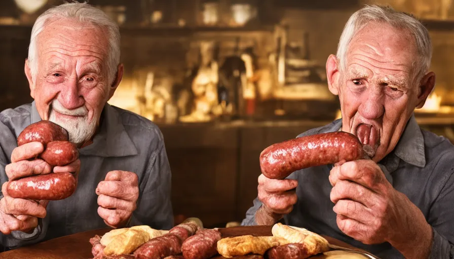 Prompt: old man with sausages where each of his fingers should be, cinematic lighting, 8k,