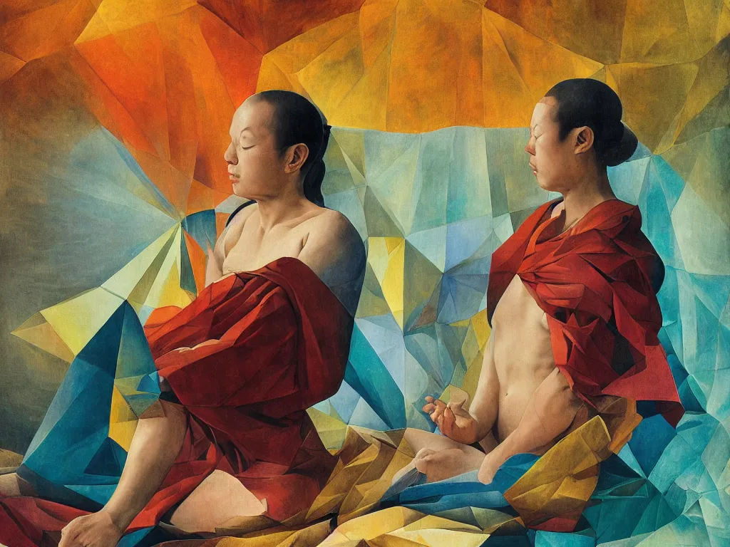 Image similar to hyperrealistic crystalline abstract still life painting of a 3d female monk meditating sitting down wrapped in fabric and gently smiling, surrounded by prisms in a tesseract, by Caravaggio, botanical print, surrealism, vivid colors, serene, golden ratio, minimalism, negative space