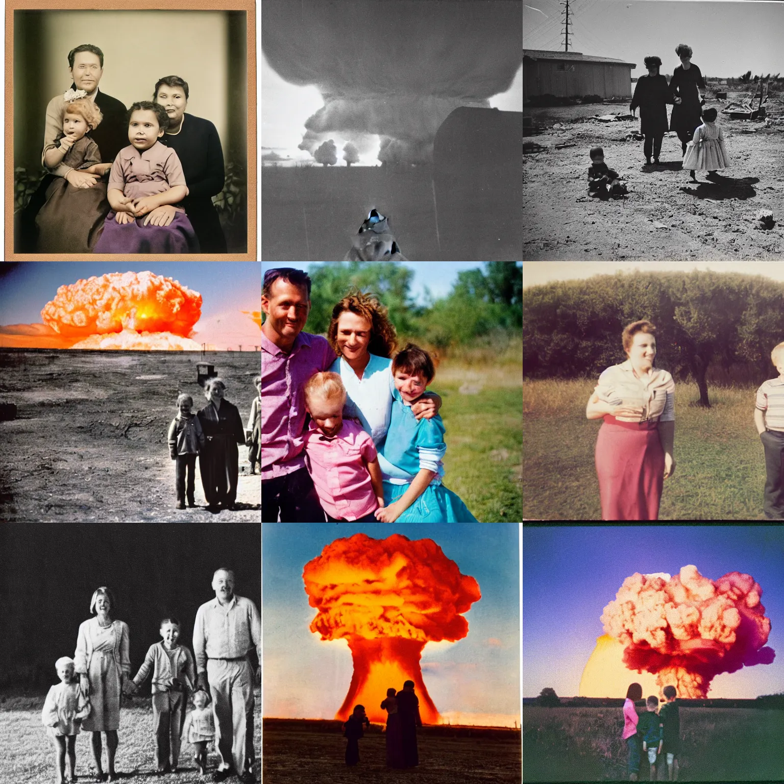 Prompt: color photograph of a nuclear explosion and a family.