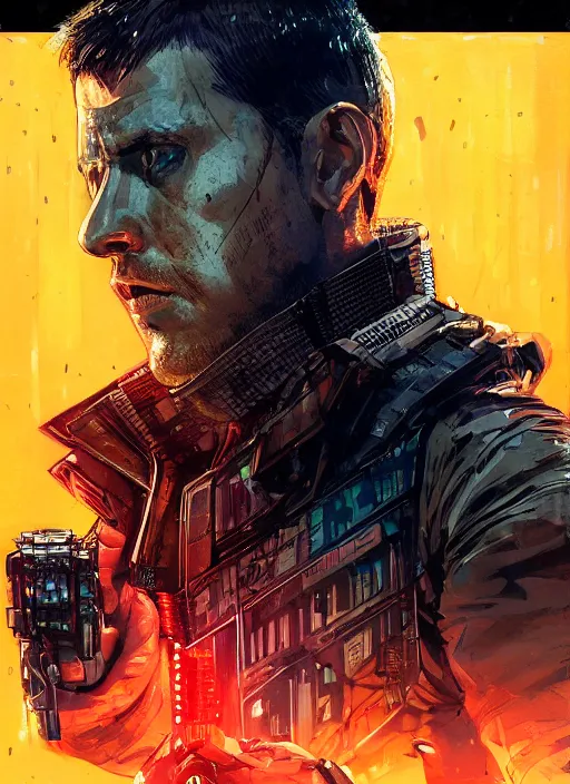 Prompt: cyberpunk military character jitters ( blade runner 2 0 4 9, dystopian, cyberpunk 2 0 7 7 character design ). attractive face. portrait by james gurney and laurie greasley and yoji shinkawa, oil on canvas. cinematic composition, hyper realism, realistic proportions, anatomy, dramatic lighting, photorealistic, high detail, 4 k