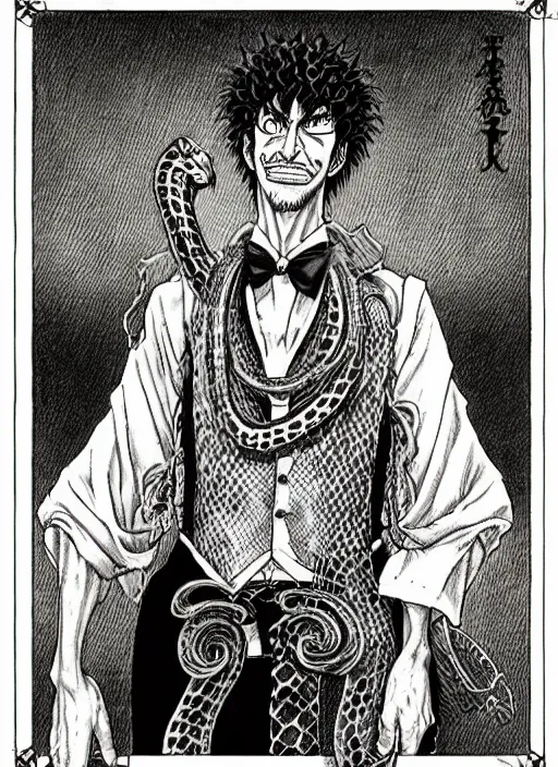 Image similar to portrait of a snake oil salesman by Kentaro Miura, it idn't greasy