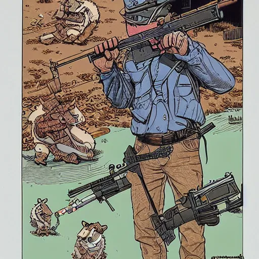 Prompt: a racoon shooting a machine gun by geof darrow, detailed, realistic shading