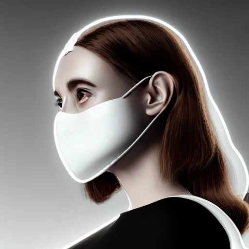 Image similar to ultra detailed, beautiful natural light, studio lights, rim light, a woman wearing a white mask with black wires on her head, featured on behance, net art, made of wire, 5 0 mm lens, elegant, hyper realistic, ultra detailed, octane render, volumetric lighting, 8 k post - production