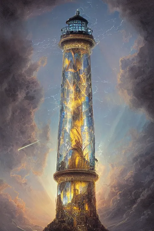 Prompt: Detailed Exterior Shot of Angelic Glass Lighthouse of Alexandria, light of sorrow, epic shafts, swarm of fireflies, magic atmosphere, in Style of Peter Mohrbacher, cinematic lighting