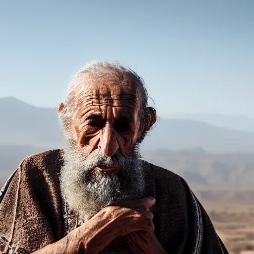 Image similar to award winning cinematic still portrait of distraught 85 year old Mediterranean skinned man in Ancient Canaanite clothing, crying with dark silhouette of a lamb on their face, beard, short hair, Just before sunrise. Desert mountain background. sad, depressed, lonely, Biblical epic directed by Steven Spielberg