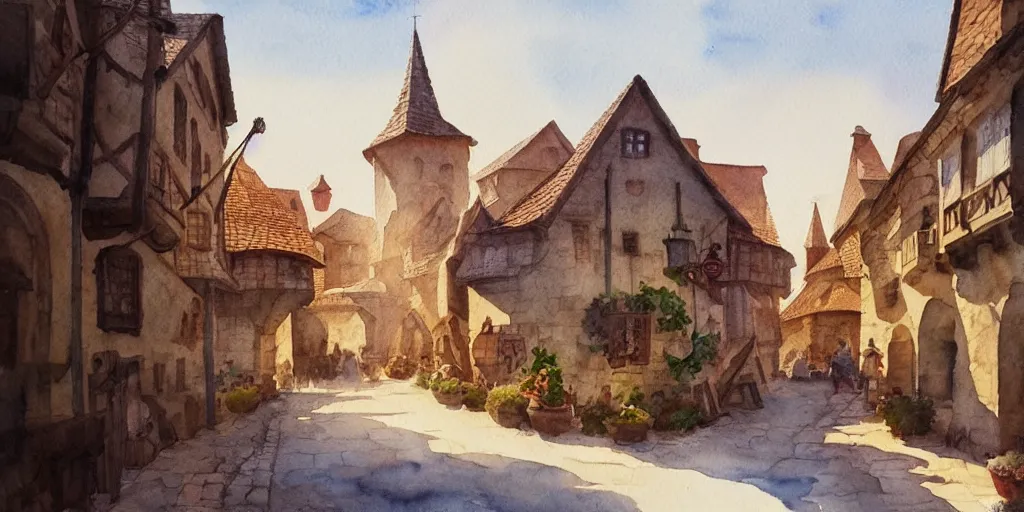 Prompt: medieval town, summer morning light, exquisite masterpiece watercolor painting, trending on artstation